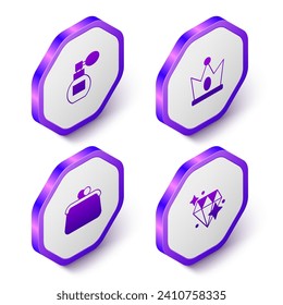 Set Isometric Perfume, King crown, Handbag and Diamond icon. Purple hexagon button. Vector