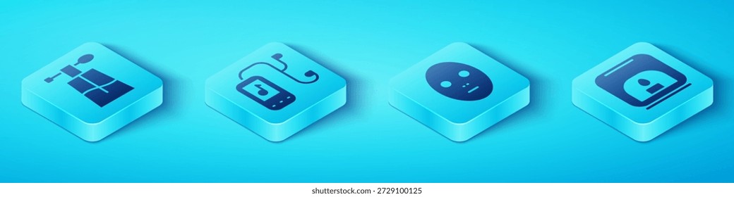 Set Isometric Perfume, Music player, Aroma lamp and Facial cosmetic mask icon. Vector