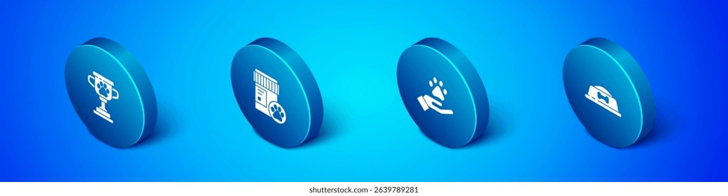 Set Isometric Pet award, Hands with animals footprint, food bowl and Dog medicine bottle icon. Vector