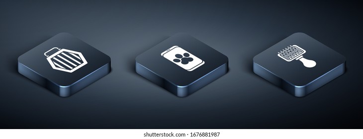 Set Isometric Pet carry case, Hair brush for dog and cat and Online veterinary clinic symbol icon. Vector
