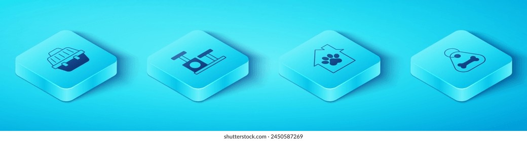 Set Isometric Pet carry case, Cat scratching post with toy, Dog collar bone and house icon. Vector
