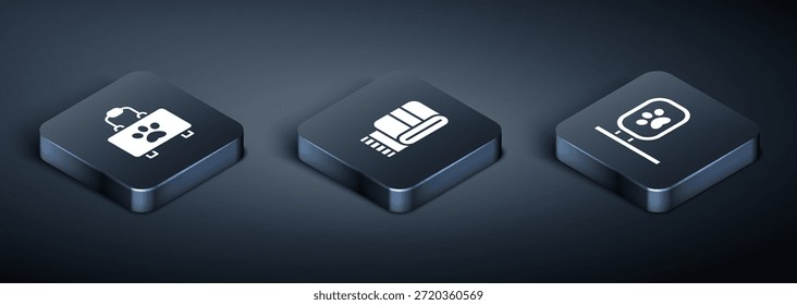 Set Isometric Pet first aid kit, grooming and Towel stack icon. Vector