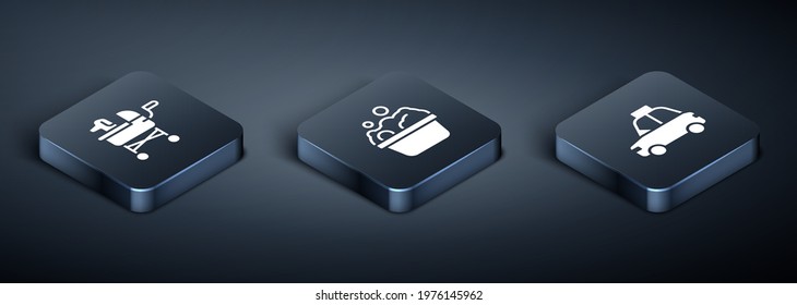 Set Isometric Pet stroller, car taxi and Pets bath icon. Vector