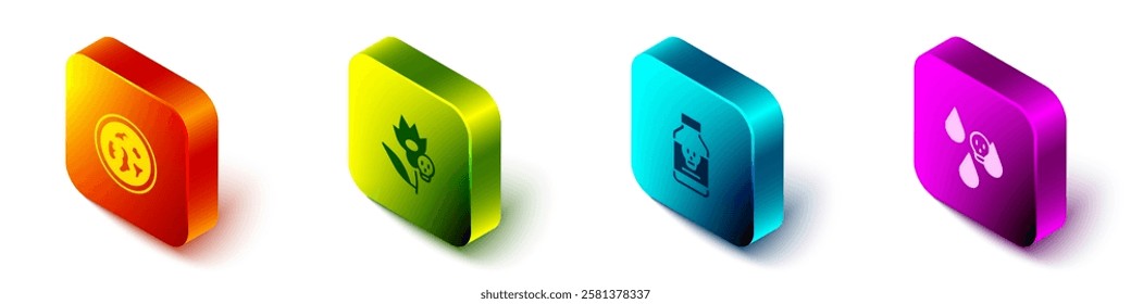 Set Isometric Petri dish with bacteria, Poison flower, Poisoned pill and Acid rain icon. Vector