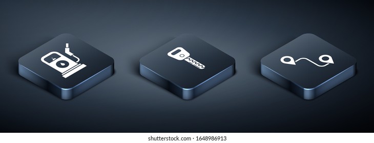 Set Isometric Petrol or Gas station, Route location and Car key icon. Vector