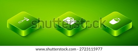 Set Isometric Photo camera, Bucket and Hammer icon. Vector