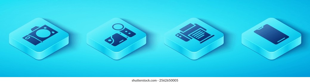 Set Isometric Photo camera, Cinema camera, Smartphone, mobile phone and Printer icon. Vector