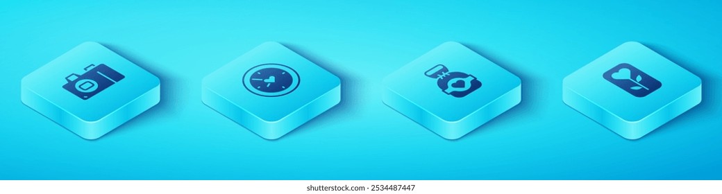 Set Isometric Photo camera, Clock with heart, Flower rose and Chocolate candy icon. Vector