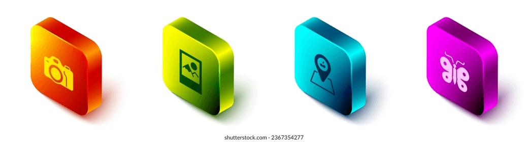 Set Isometric Photo camera, frame, Picnic location and Butterfly icon. Vector