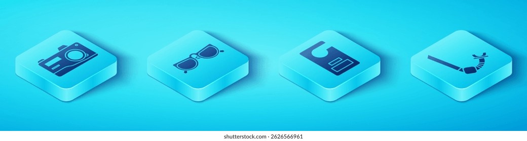 Set Isometric Photo camera, Glasses, Snorkel and Please do not disturb icon. Vector
