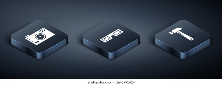 Set Isometric Photo camera, Hammer and 3D cinema glasses icon. Vector