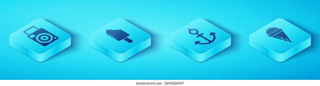 Set Isometric Photo camera, Ice cream, Ice cream in waffle cone and Anchor icon. Vector
