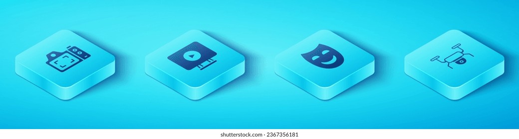 Set Isometric Photo camera, Online play video, Drone flying and Comedy theatrical mask icon. Vector