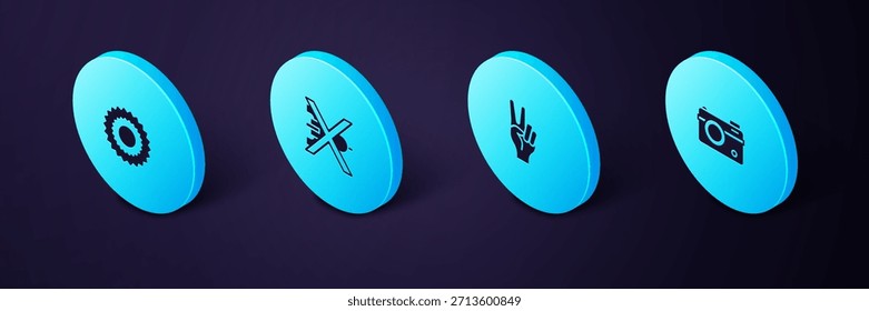 Set Isometrische Fotokamera, Peace-Symbol, Kein Krieg und Sun-Symbol. Vektorgrafik
