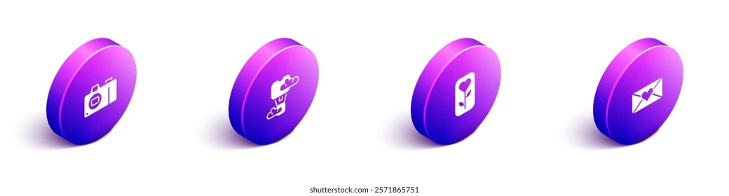 Set Isometric Photo camera, Romantic air balloon, Flower rose and Envelope with Valentine heart icon. Vector