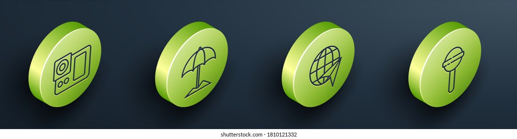 Set Isometric Photo camera, Sun protective umbrella for beach, Globe with flying plane and Lollipop icon. Vector