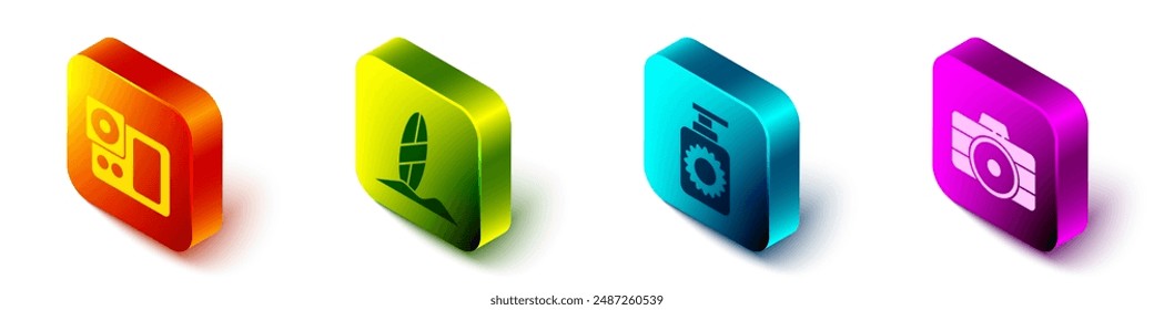 Set Isometric Photo camera, Surfboard, Sunscreen spray bottle and Photo camera icon. Vector