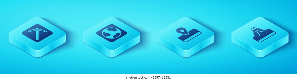 Set Isometric Pickaxe, Earth globe, Volcano and Oilfield icon. Vector