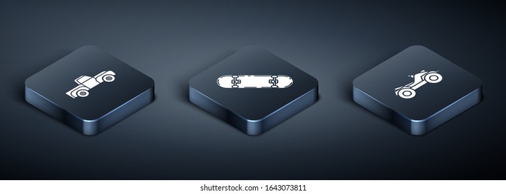 Set Isometric Pickup truck, All Terrain Vehicle or ATV motorcycle and Skateboard icon. Vector