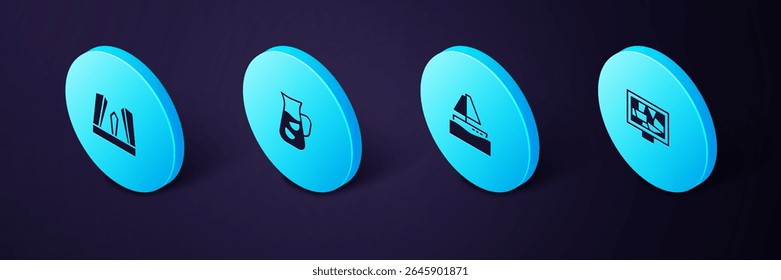 Set Isometric Picture art, Yacht sailboat, Sangria and Gate of Europe icon. Vector