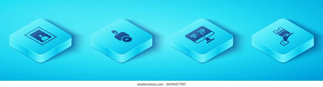 Set Isometric Picture frame, Loss of friend, Give gift and Computer monitor screen icon. Vector