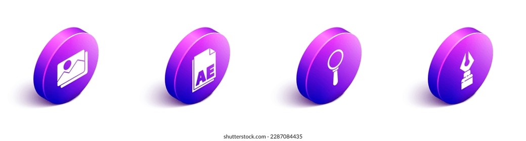 Set Isometric Picture landscape, AE file document, Magnifying glass and Fountain pen nib icon. Vector