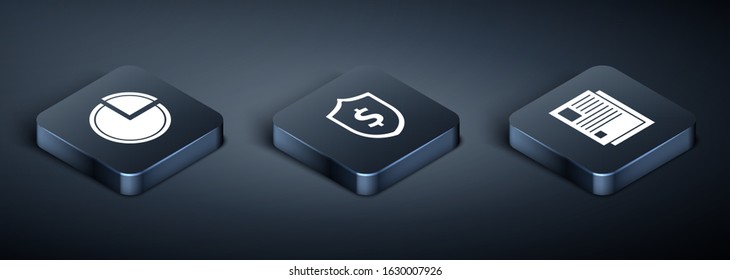 Set Isometric Pie chart infographic, File document and Shield with dollar symbol icon. Vector