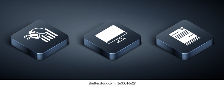 Set Isometric Pie chart infographic, Document and Computer monitor screen icon. Vector