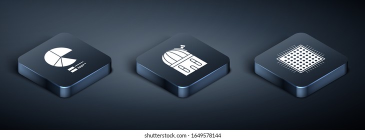 Set Isometric Pie chart infographic, Processor and Astronomical observatory icon. Vector