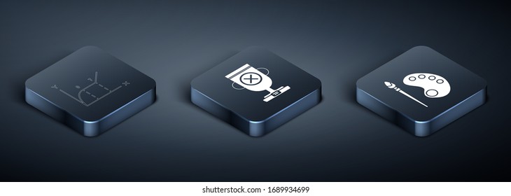 Set Isometric Pie chart infographic, Paint brush with palette and Award cup icon. Vector