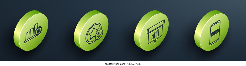 Set Isometric Pie chart infographic and dollar, Star, Graph, chart, diagram, infographic and Mobile phone SEO optimization icon. Vector
