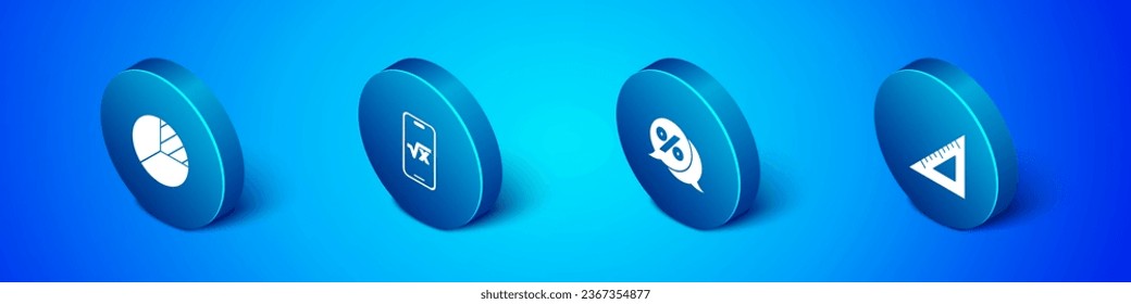 Set Isometric Pie chart infographic, Discount percent tag, Triangular ruler and Square root of x glyph icon. Vector
