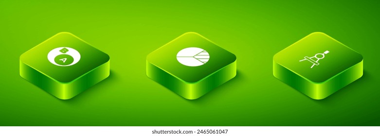 Set Isometric Pie chart infographic, Drawing compass and Subsets, math, is subset of b icon. Vector