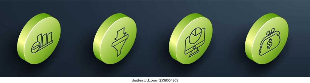 Set Isometric Pie chart infographic, Sales funnel with arrows, Computer monitor with graph chart and Wallet with dollar icon. Vector