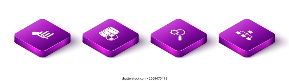 Set Isometric Pie chart infographic, Server with shield, Magnifying glass and gear and Hierarchy organogram icon. Vector