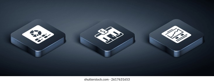 Set Isometric Pie chart infographic, Website with growth and Bank building icon. Vector