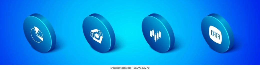 Definir infográfico de gráfico de Pizza Isométrica, Navegador com mercado de ações, Análise de dados e ícone Crescimento financeiro. Vetor