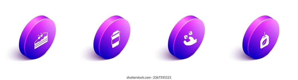 Set Isometric Piece of cake, Cup tea, Tea leaf in hand and bag with icon. Vector