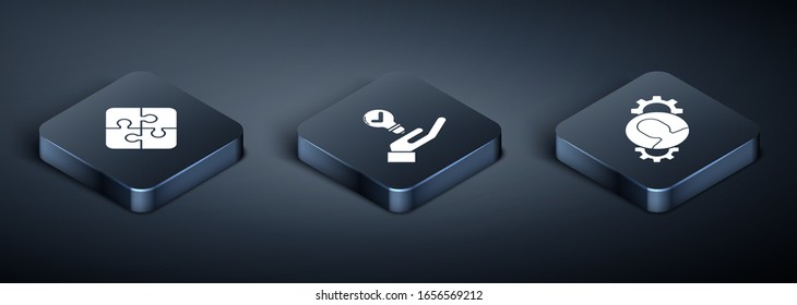 Set Isometric Piece of puzzle, Human with gear inside and Light bulb in hand icon. Vector