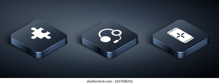 Set Isometric Piece of puzzle, Smartphone and playing in game and Headphones icon. Vector