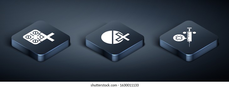 Set Isometric Pills in blister pack, Medical syringe with needle and Medicine pill or tablet icon. Vector
