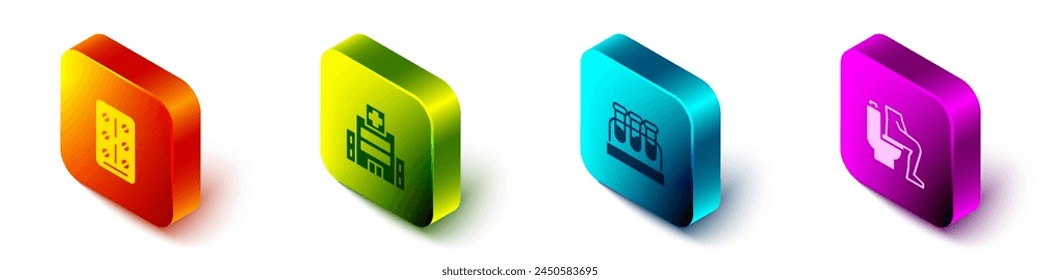 Conjunto de píldoras isométricas en paquete de ampollas, edificio del hospital médico, tubo de ensayo con sangre e icono de estreñimiento. Vector