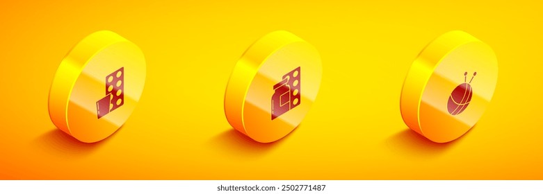 Set Isometric Pills in blister pack,  and Yarn ball with knitting needles icon. Vector