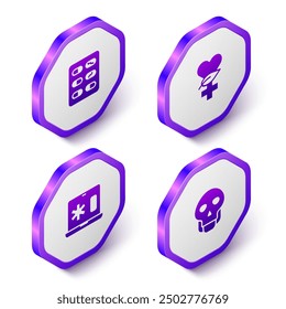 Set Isometric Pills in blister pack, Ethnoscience, Clinical record on laptop and Skull icon. Purple hexagon button. Vector