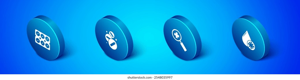 Definir comprimidos isométricos em blister, Lupa para pesquisa médica, exame de sangue e vírus e ícone de comprimido de pílula de medicamento. Vetor