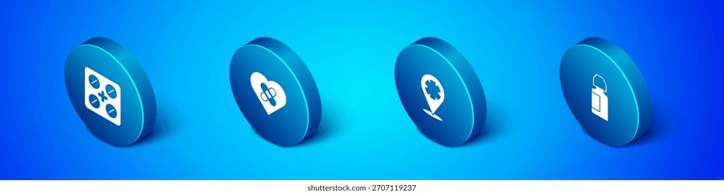 Set Isometric Pills in blister pack, Location with cross hospital, Eye drop bottle and Healed broken heart icon. Vector