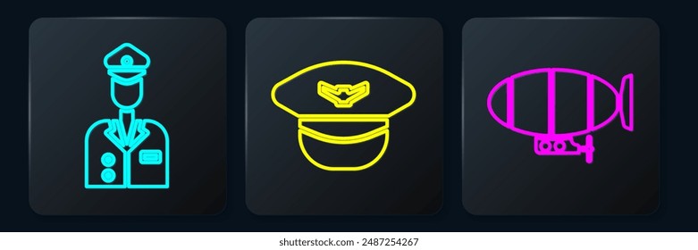 Set Isometric Pilot, Airship and Pilot hat icon. Vector