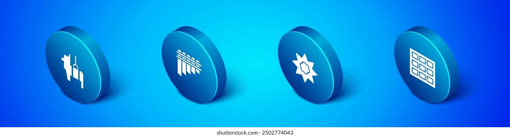 Set Isometric Pinata, Sun, Chocolate bar and Pan flute icon. Vector