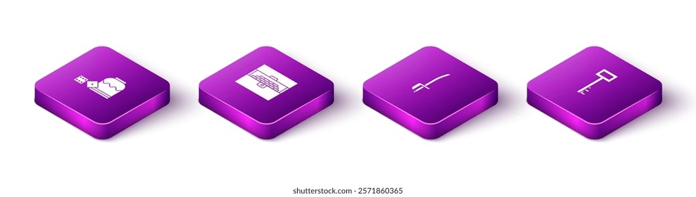 Set Isometric Pirate game dice, Antique treasure chest, sword and key icon. Vector