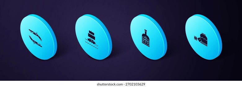 Conjunto de dados de juego pirata isométrico, botella de ron de bebida alcohólica, barco e ícono de pistolas Antiguas. Vector